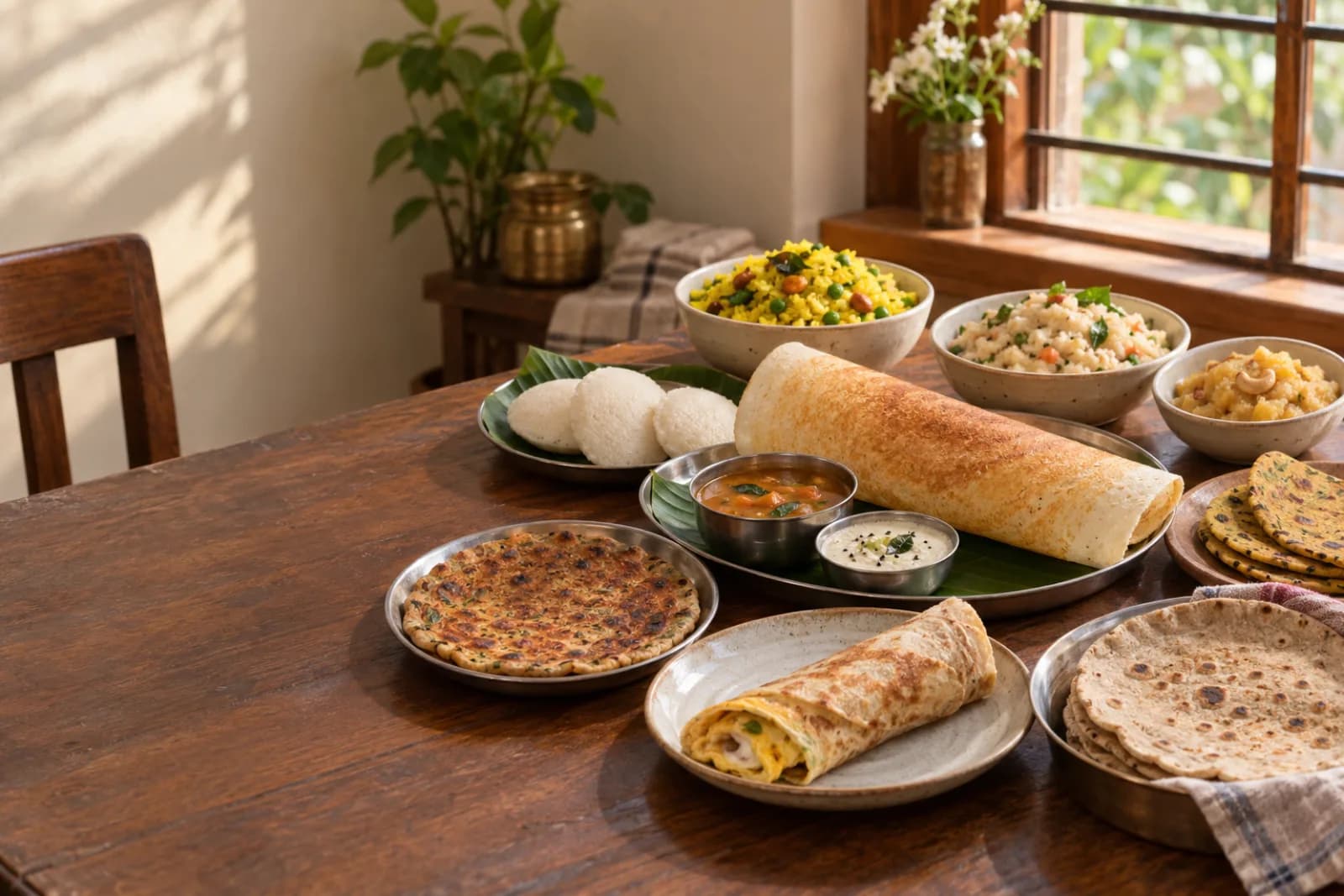 A home-style Indian breakfast spread with dosa, idli, sambar, chutney, poha, upma, sheera, thalipeeth, thepla, bhakri and egg roll