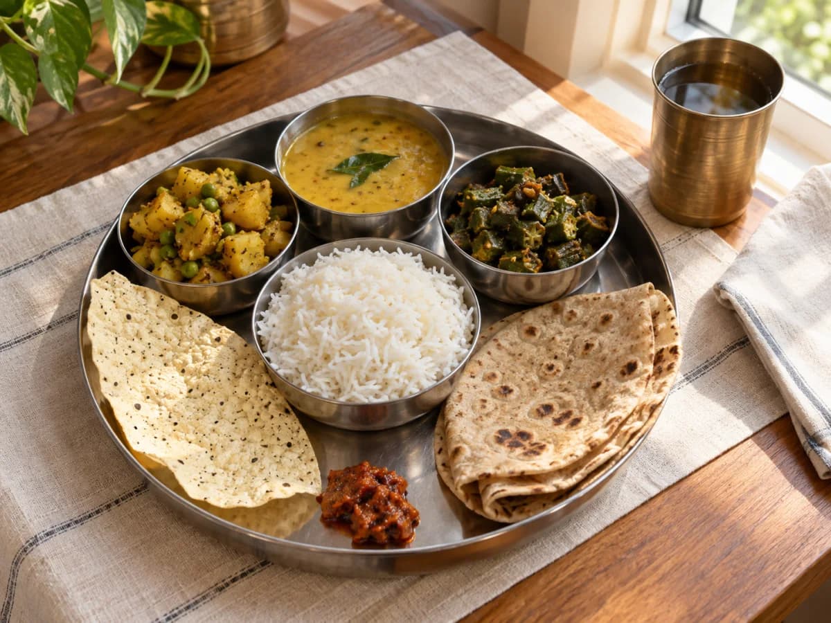 Home-style thali with two vegetables, dal, rice, chapatis, papad and pickle